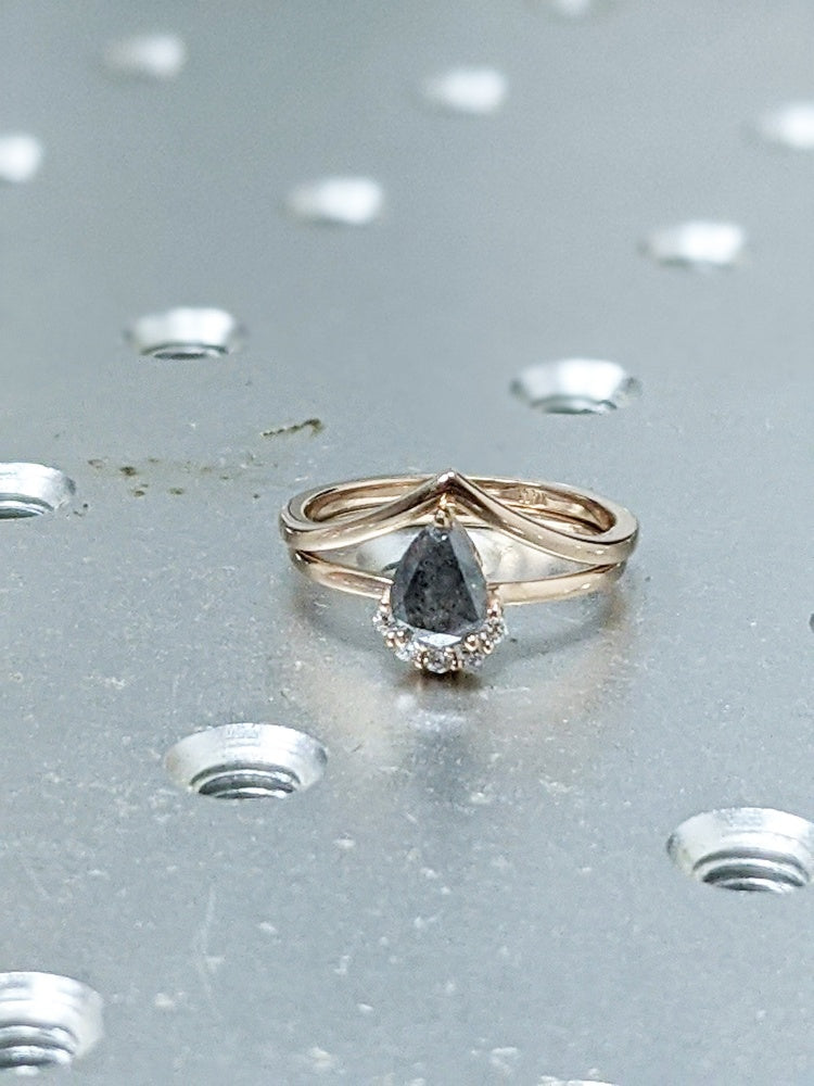 18k Gold Raw Salt and Pepper Diamond 1CT Pear-Cut Unique Engagement Ring