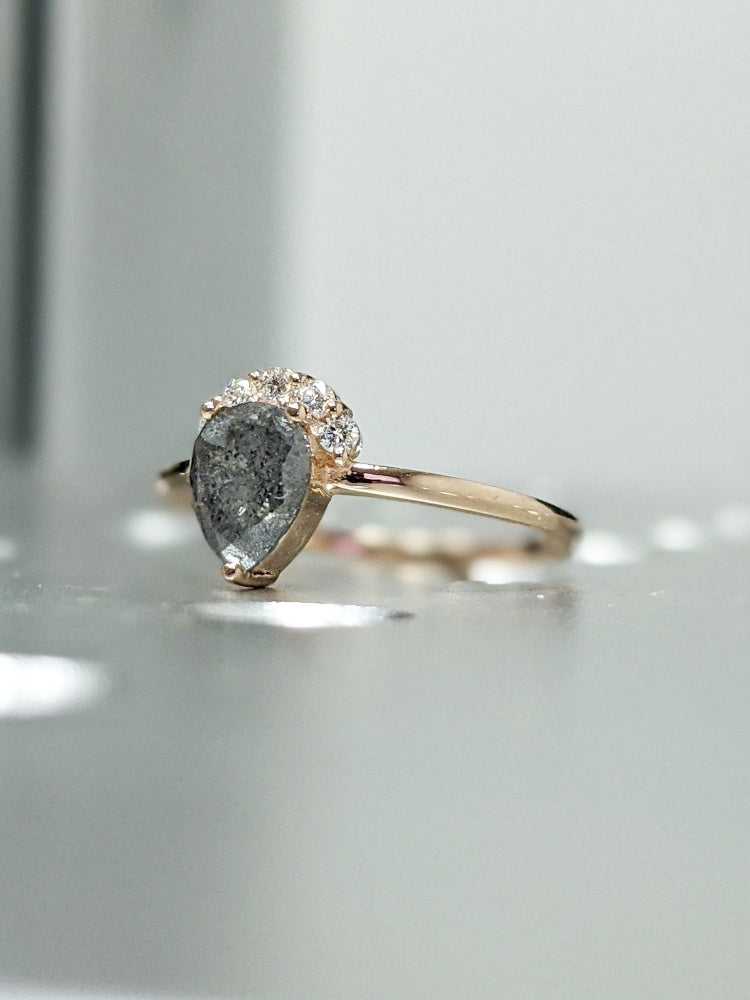 18k Gold Raw Salt and Pepper Diamond 1CT Pear-Cut Unique Engagement Ring