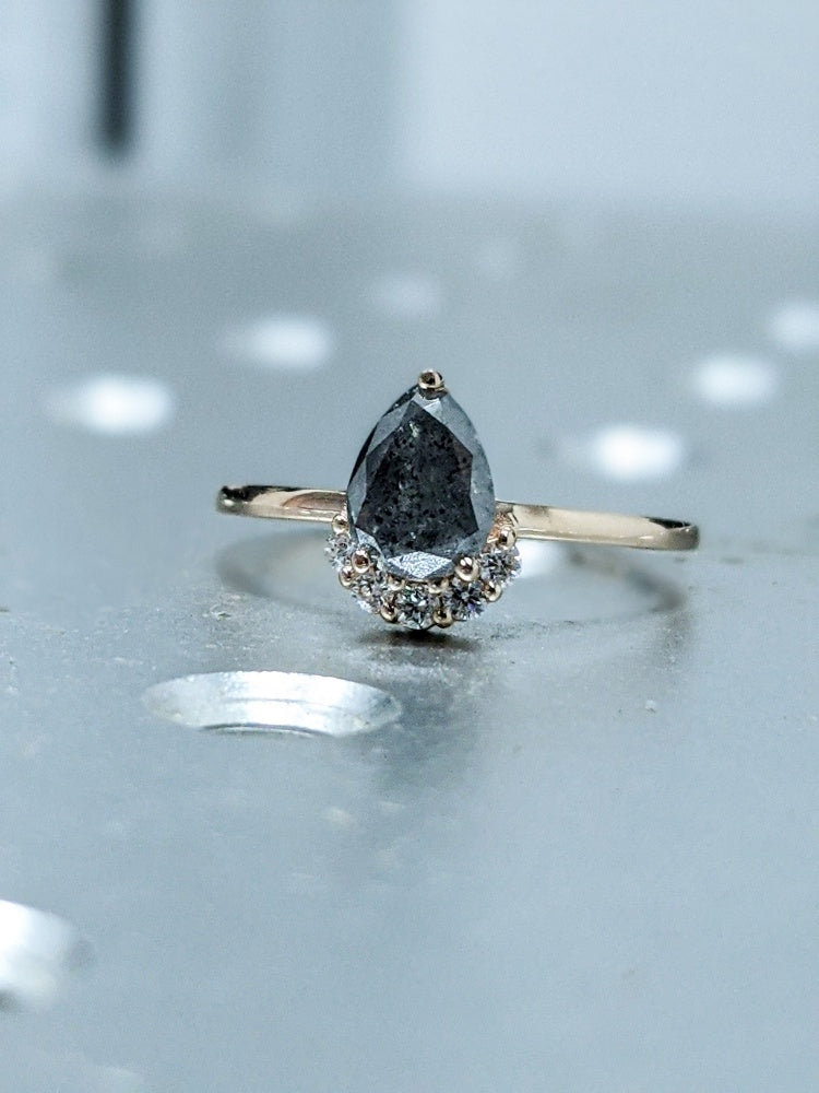 18k Gold Raw Salt and Pepper Diamond 1CT Pear-Cut Unique Engagement Ring