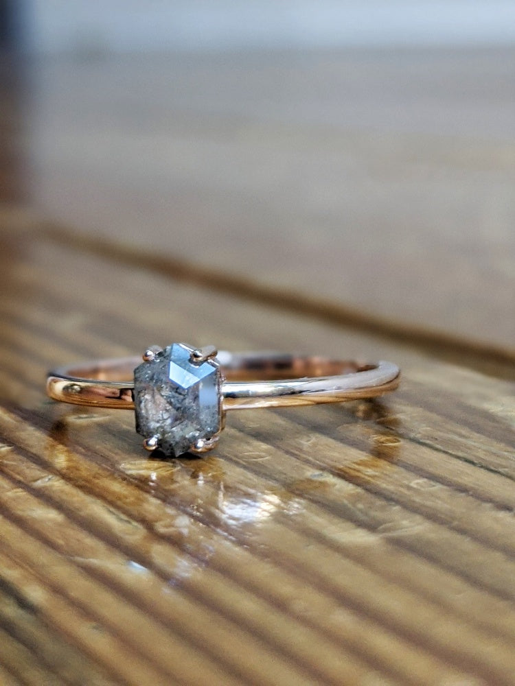 18k Gold Raw Salt and Pepper Diamond Unique  Hexagon Custom Handmade Engagement Ring