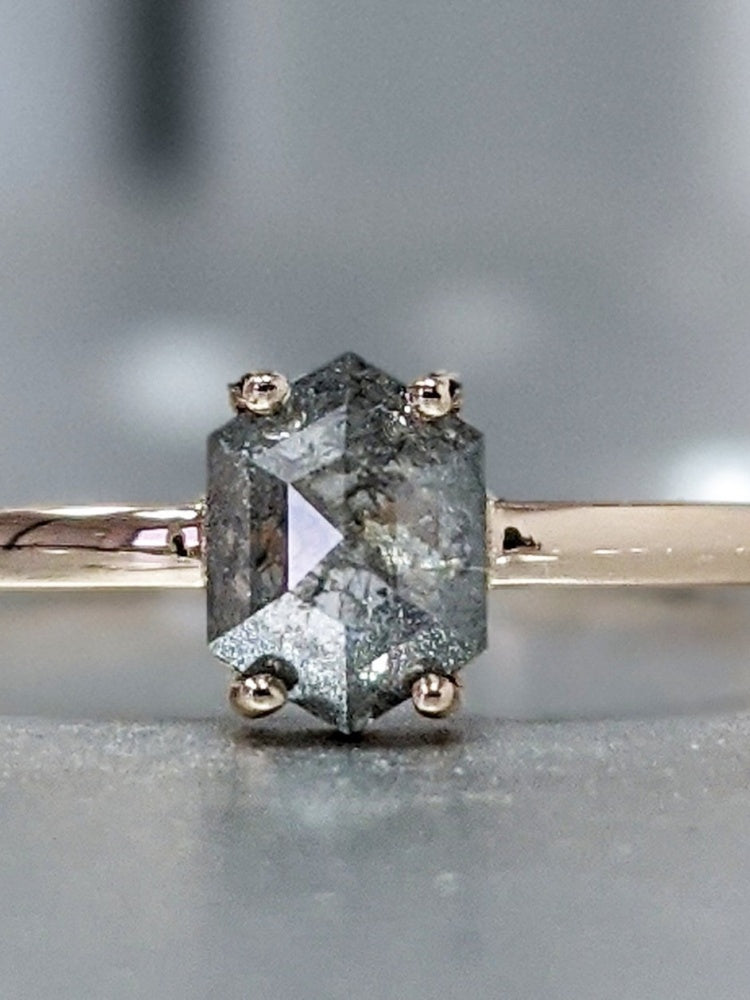 18k Gold Raw Salt and Pepper Diamond Unique  Hexagon Custom Handmade Engagement Ring