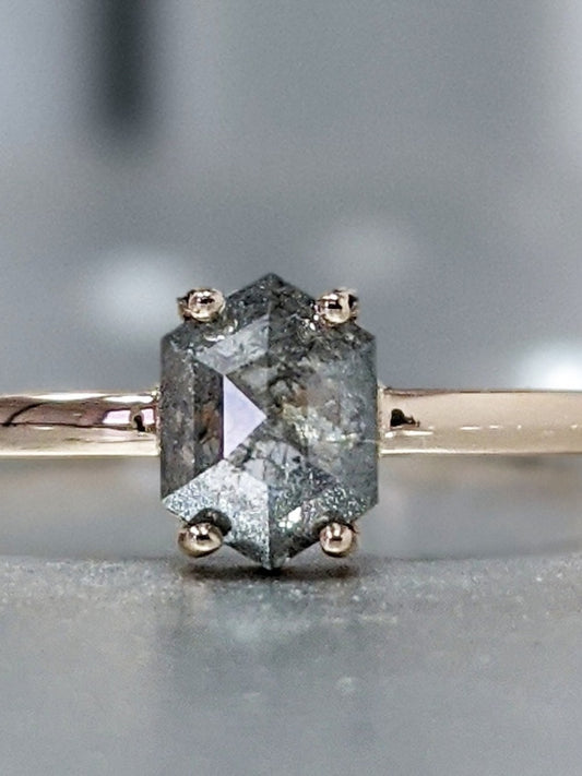 18k Gold Raw Salt and Pepper Diamond Unique  Hexagon Custom Handmade Engagement Ring