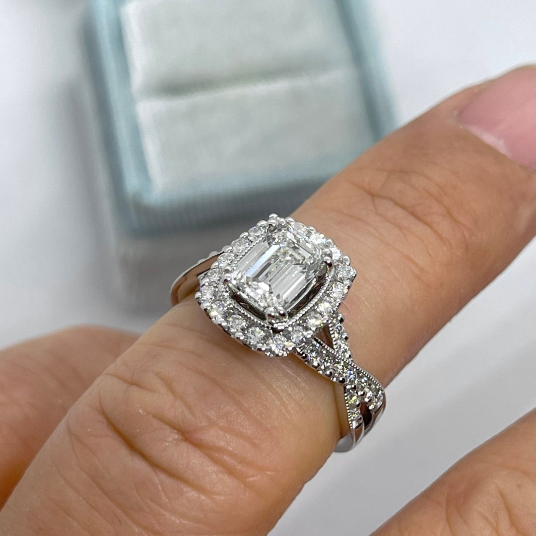 14K Gold Lab Grown Diamond CVD 3CT Emerald-Cut Art Deco Antique Halo Engagement Ring
