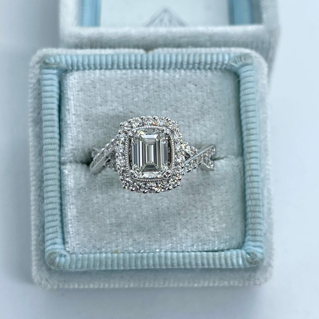 14K Gold Lab Grown Diamond CVD 3CT Emerald-Cut Art Deco Antique Halo Engagement Ring