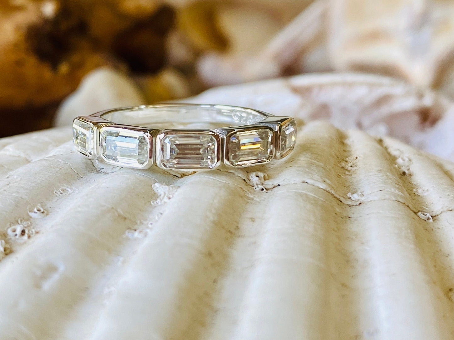 10K Gold Lab Grown Diamond CVD 1CT Emerald-Cut 5 Stone Bezel Engagement Ring