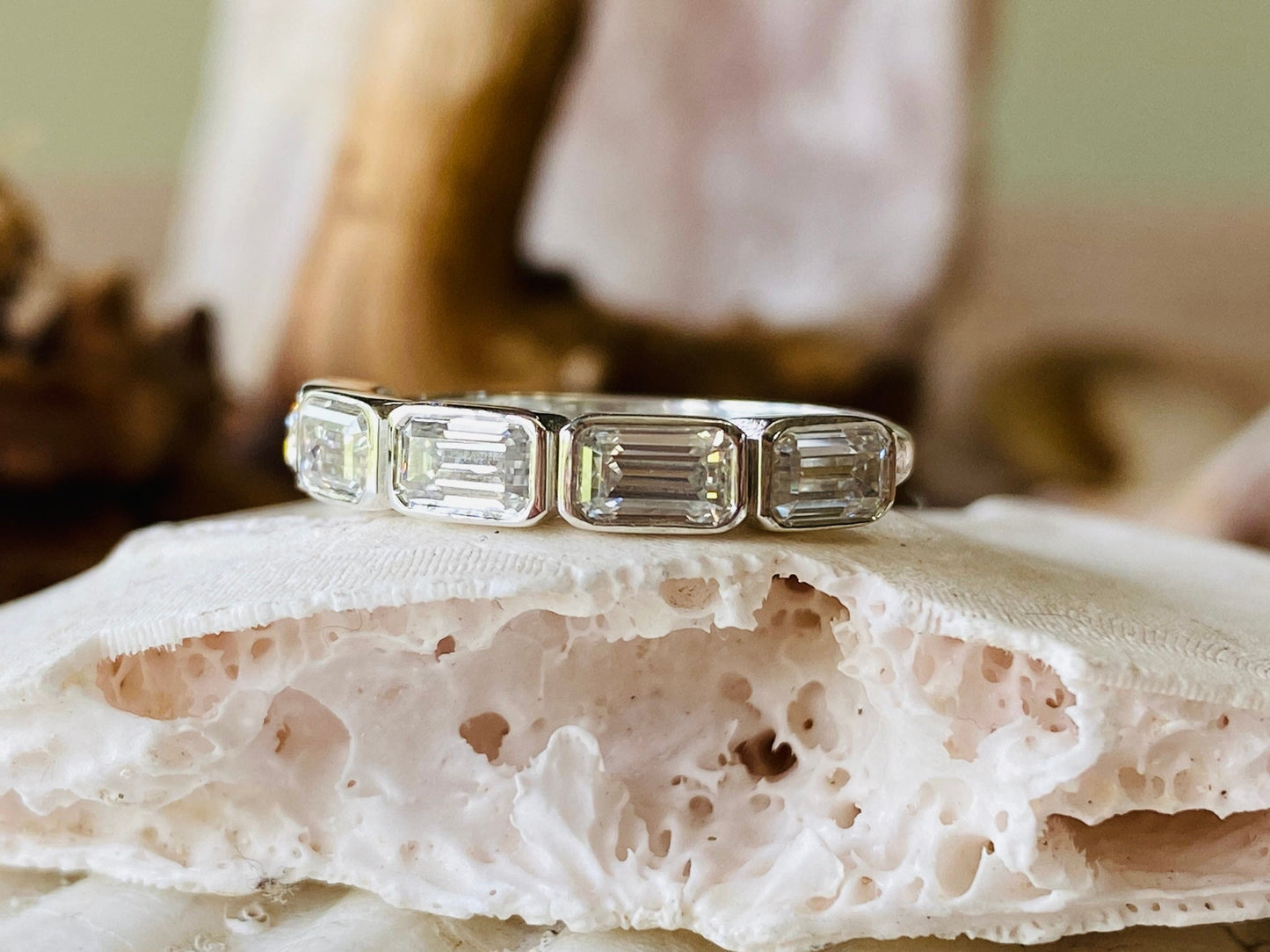 10K Gold Lab Grown Diamond CVD 1CT Emerald-Cut 5 Stone Bezel Engagement Ring