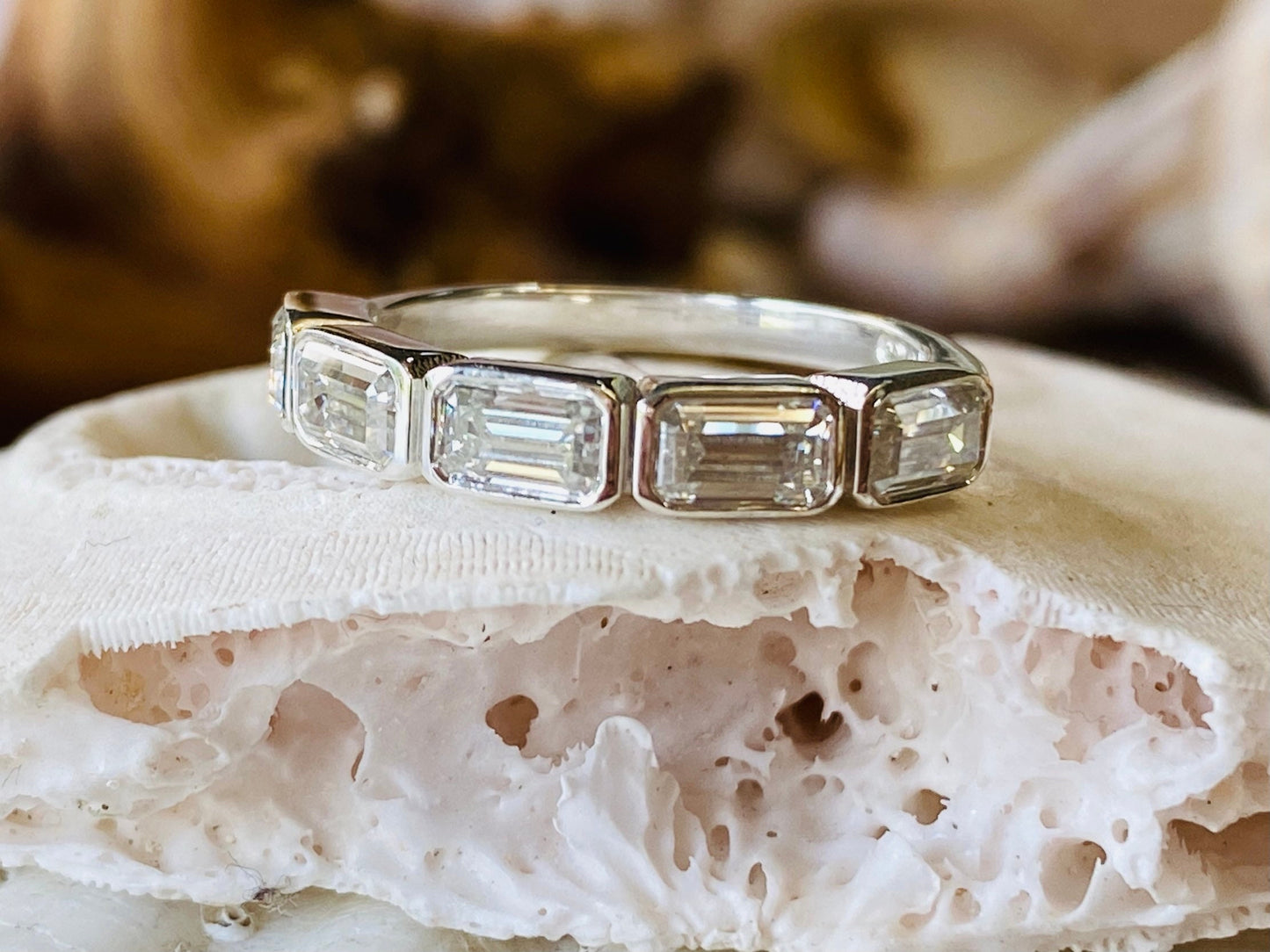 10K Gold Lab Grown Diamond CVD 1CT Emerald-Cut 5 Stone Bezel Engagement Ring