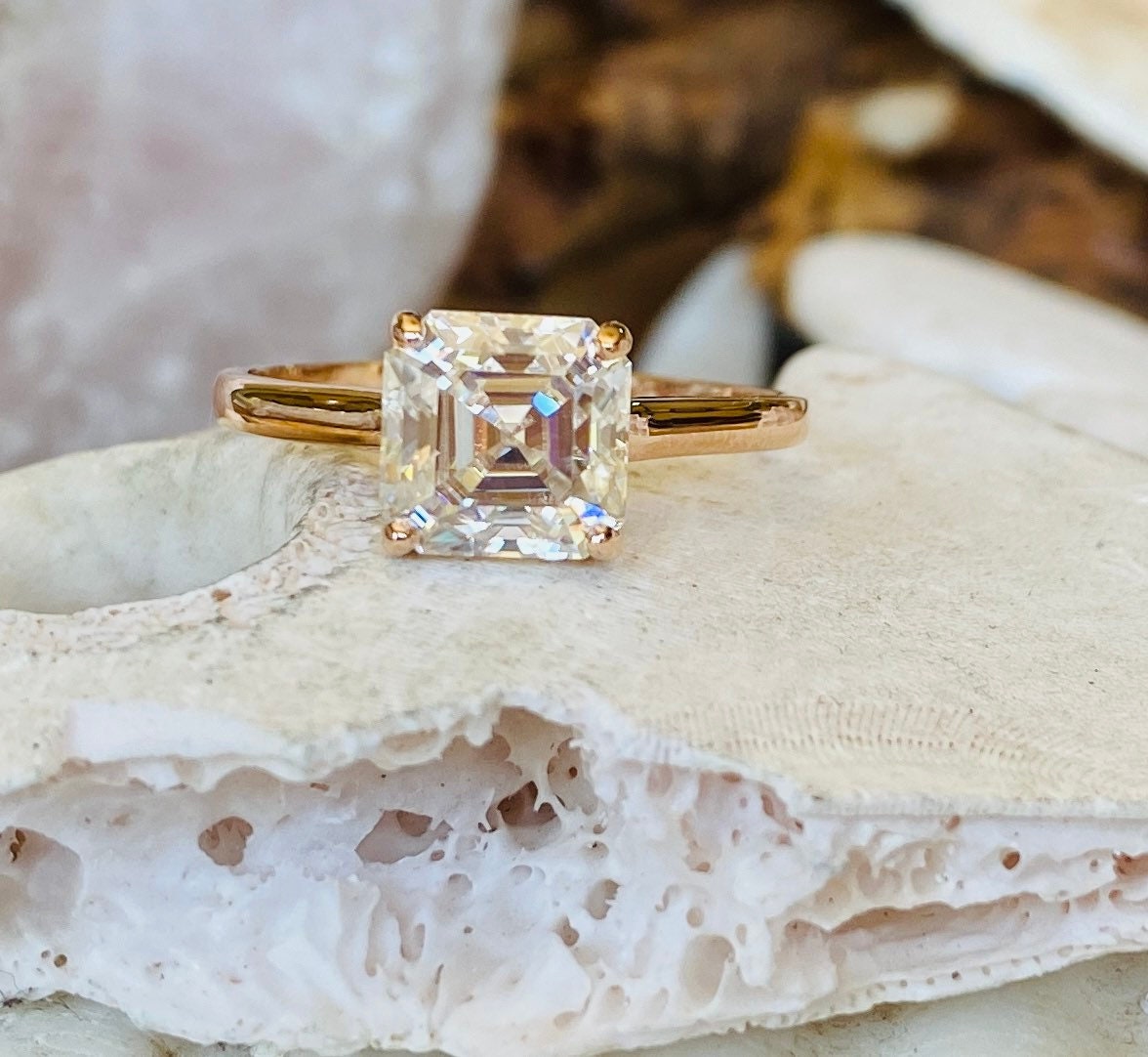 14K Gold Lab Grown Diamond CVD 2CT Asscher-Cut Cathedral Design Engagement Ring