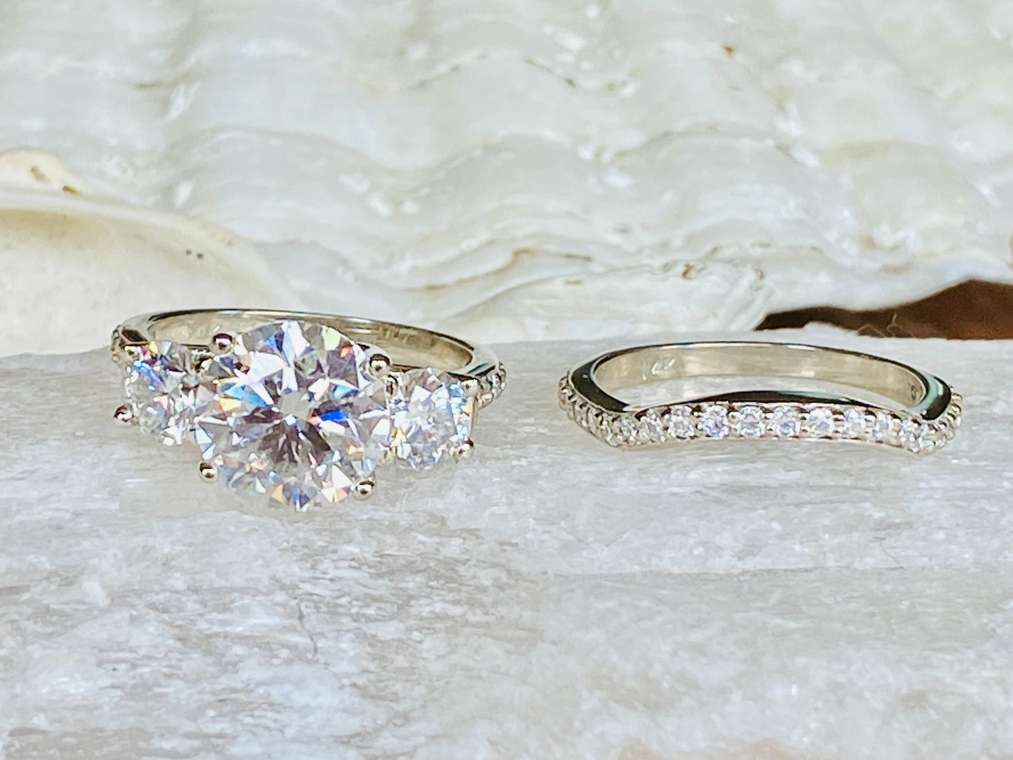 14K Gold Lab Grown Diamond CVD 3CT Round-Cut Three Stone Engagement Ring Set