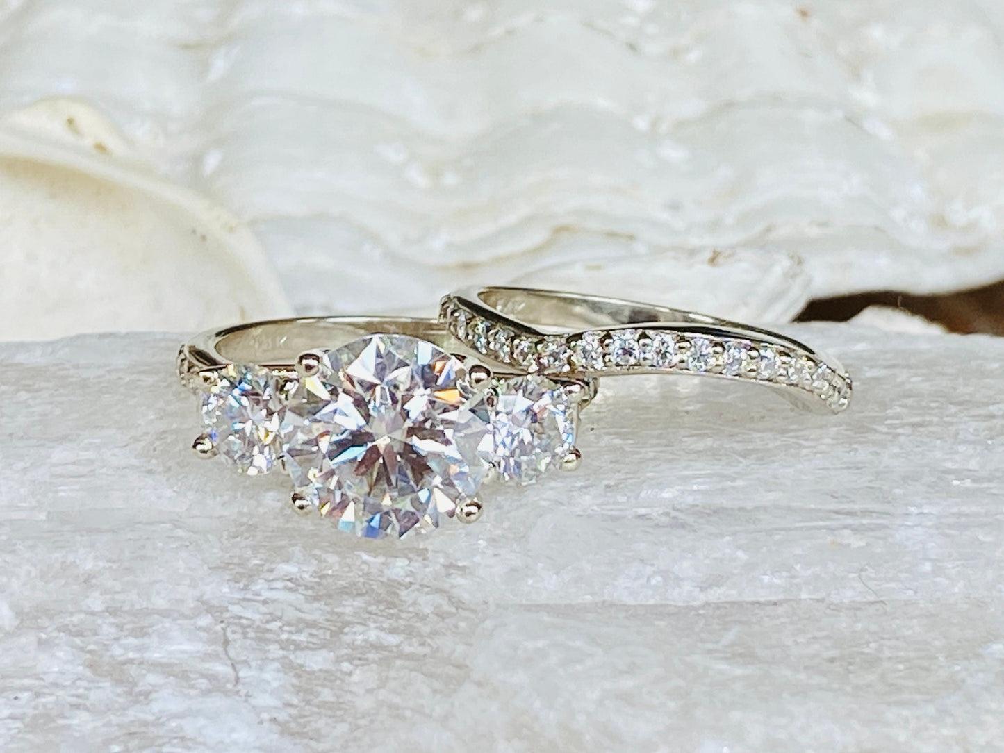 14K Gold Lab Grown Diamond CVD 3CT Round-Cut Three Stone Engagement Ring Set