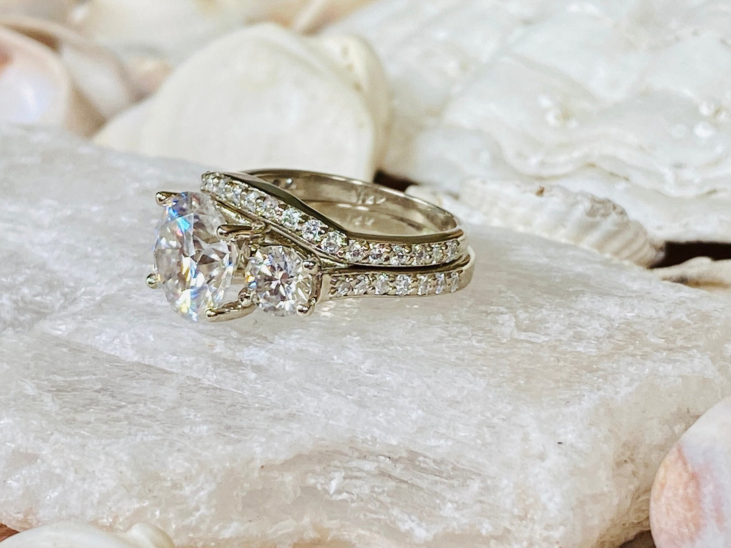 14K Gold Lab Grown Diamond CVD 3CT Round-Cut Three Stone Engagement Ring Set