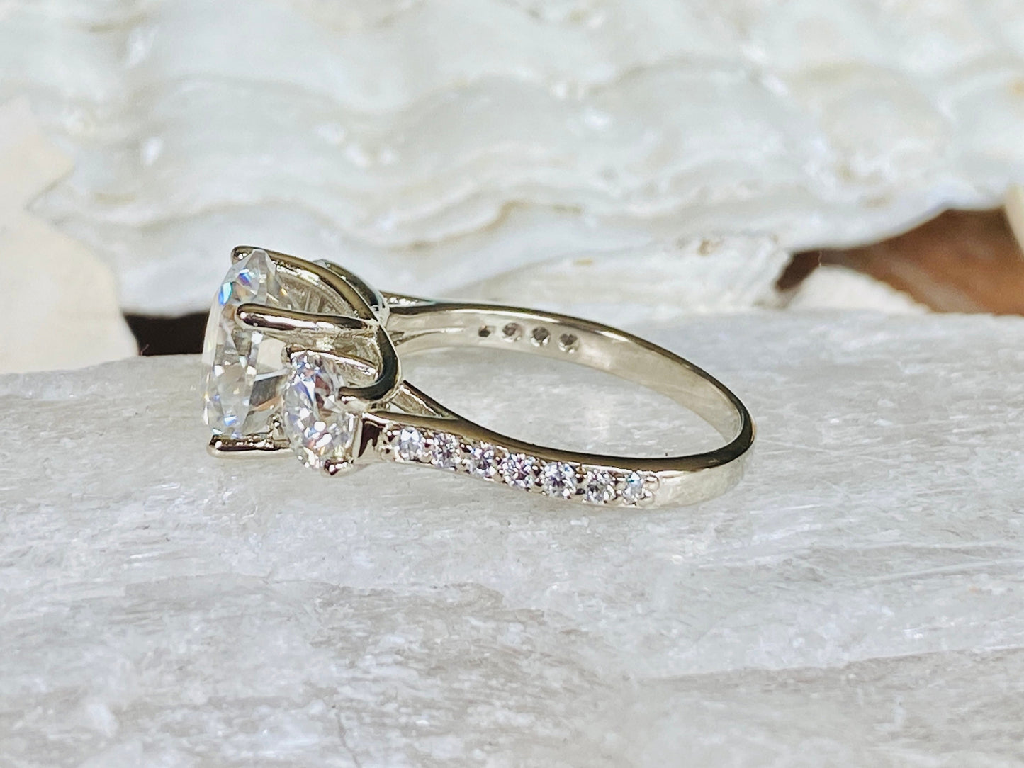 14K Gold Lab Grown Diamond CVD 3CT Round-Cut Three Stone Engagement Ring Set