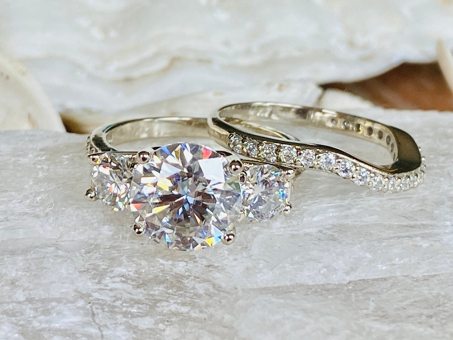 14K Gold Lab Grown Diamond CVD 3CT Round-Cut Three Stone Engagement Ring Set