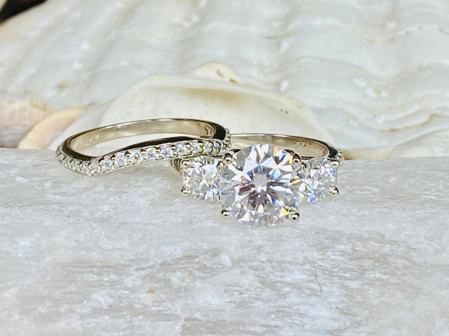 14K Gold Lab Grown Diamond CVD 3CT Round-Cut Three Stone Engagement Ring Set