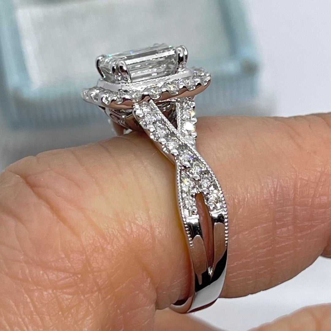 14K Gold Lab Grown Diamond CVD 3CT Emerald-Cut Art Deco Antique Halo Engagement Ring