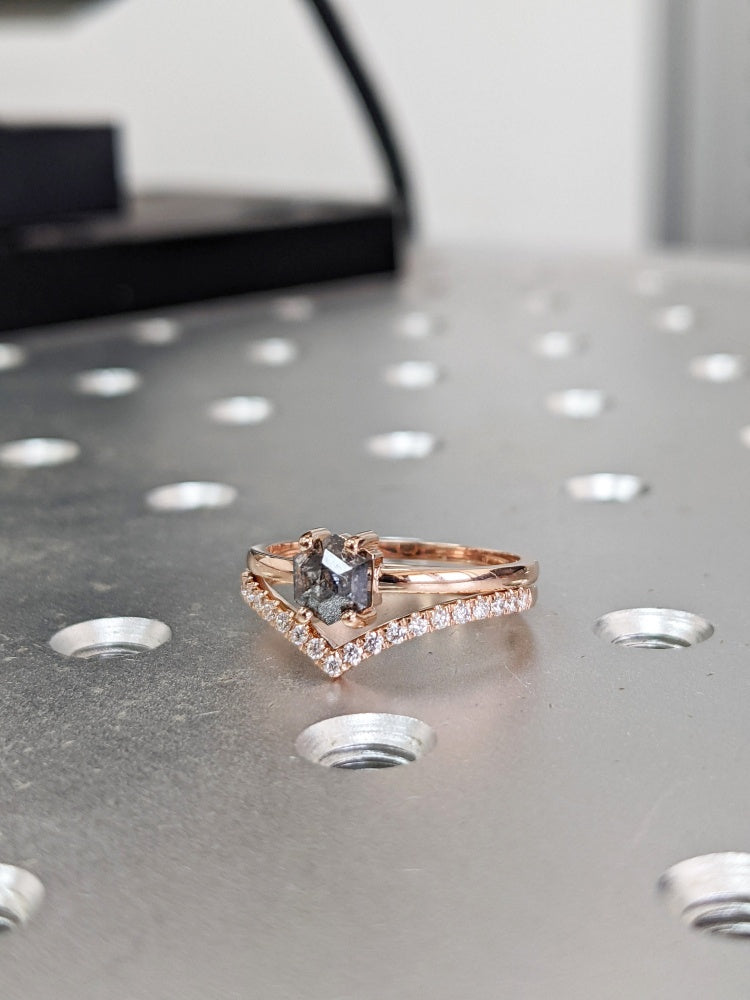18k Gold Raw Salt and Pepper Diamond Hexagon-Cut Custom Handmade Unique Engagement Ring Bridal Set