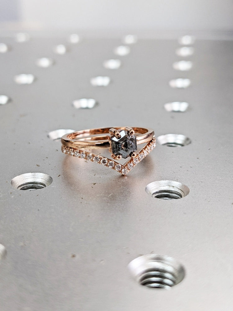 18k Gold Raw Salt and Pepper Diamond Hexagon-Cut Custom Handmade Unique Engagement Ring Bridal Set
