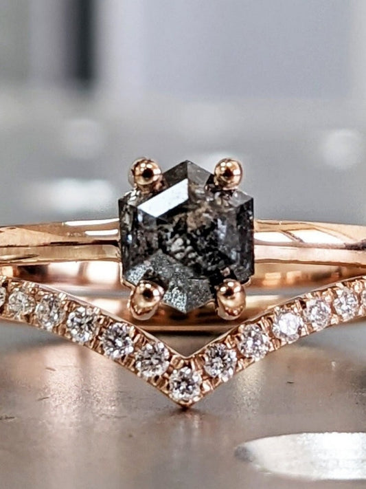 18k Gold Raw Salt and Pepper Diamond Hexagon-Cut Custom Handmade Unique Engagement Ring Bridal Set