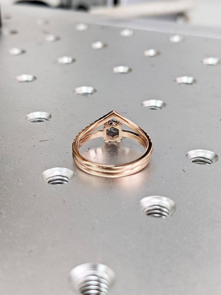 18k Gold Raw Salt and Pepper Diamond Hexagon-Cut Custom Handmade Unique Engagement Ring Bridal Set