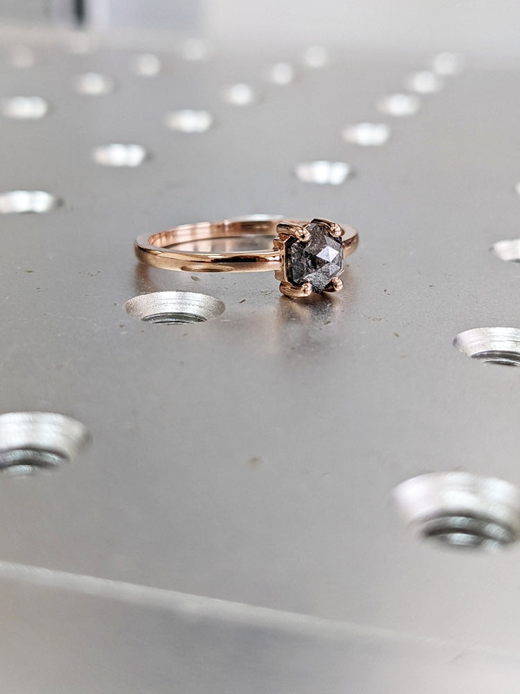 18k Gold Raw Salt and Pepper Diamond Hexagon-Cut Custom Handmade Unique Engagement Ring Bridal Set