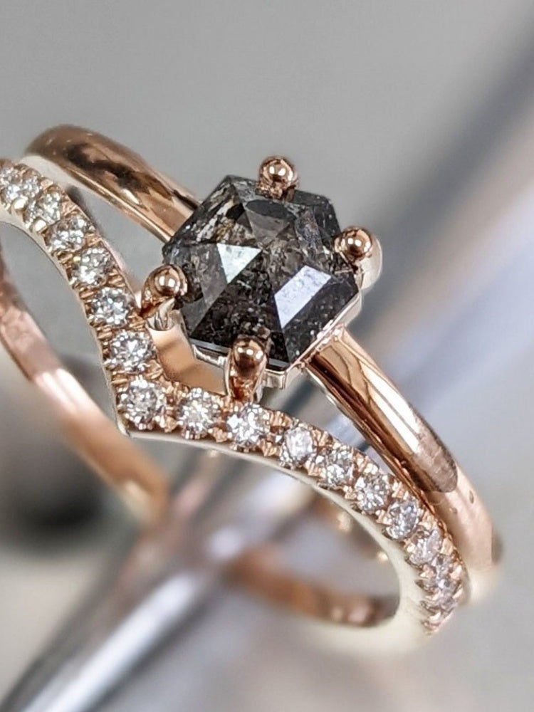 18k Gold Raw Salt and Pepper Diamond Hexagon-Cut Custom Handmade Unique Engagement Ring Bridal Set