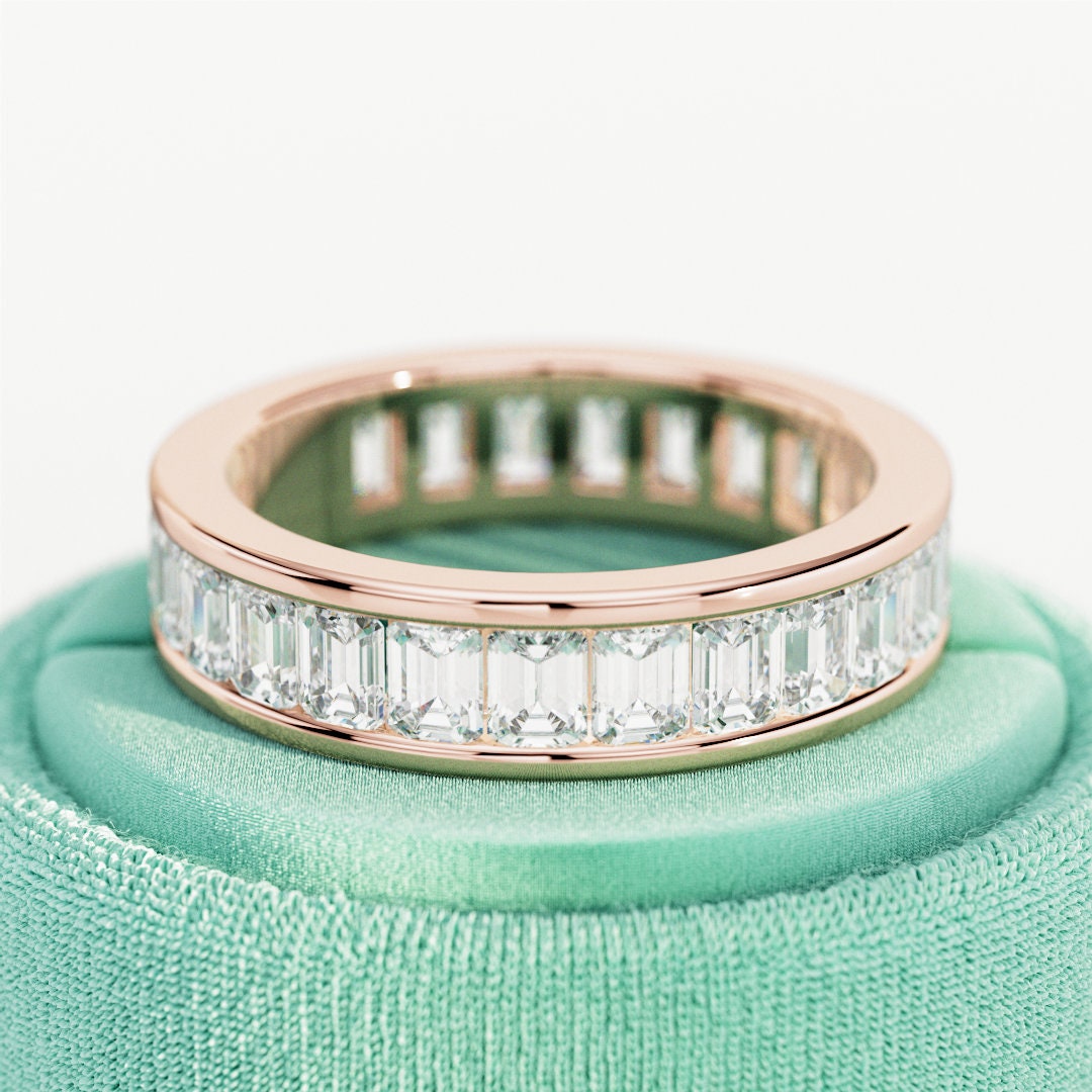 10K Gold Lab Grown Diamond CVD 3CT Emerald-Cut Channel Set Unique Wedding Band