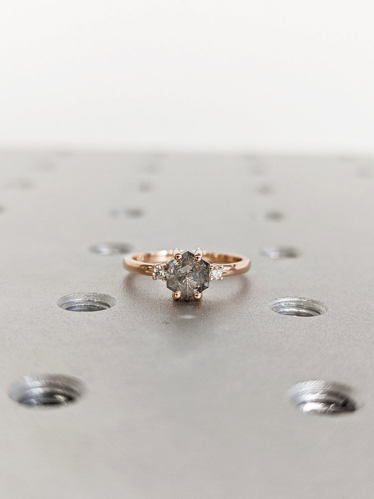 18k Gold Raw Salt and Pepper Diamond Hexagon-Cut Unique Engagement Ring Set