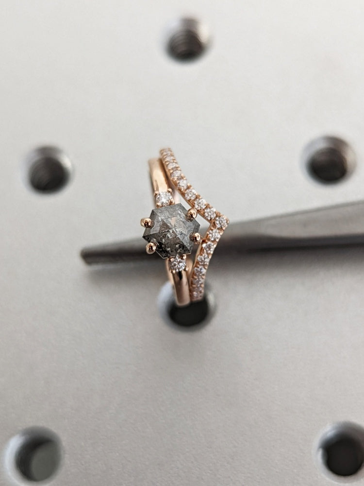 18k Gold Raw Salt and Pepper Diamond Hexagon-Cut Unique Engagement Ring Set
