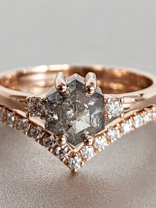 18k Gold Raw Salt and Pepper Diamond Hexagon-Cut Unique Engagement Ring Set