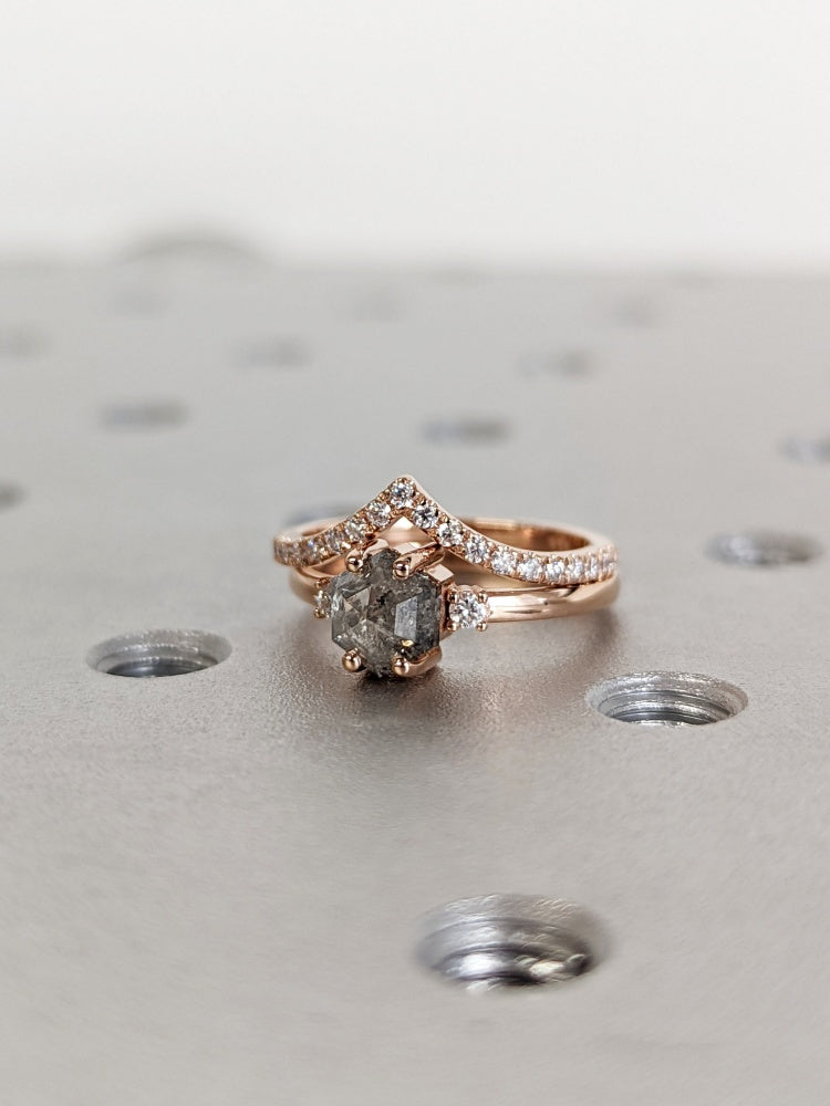 18k Gold Raw Salt and Pepper Diamond Hexagon-Cut Unique Engagement Ring Set