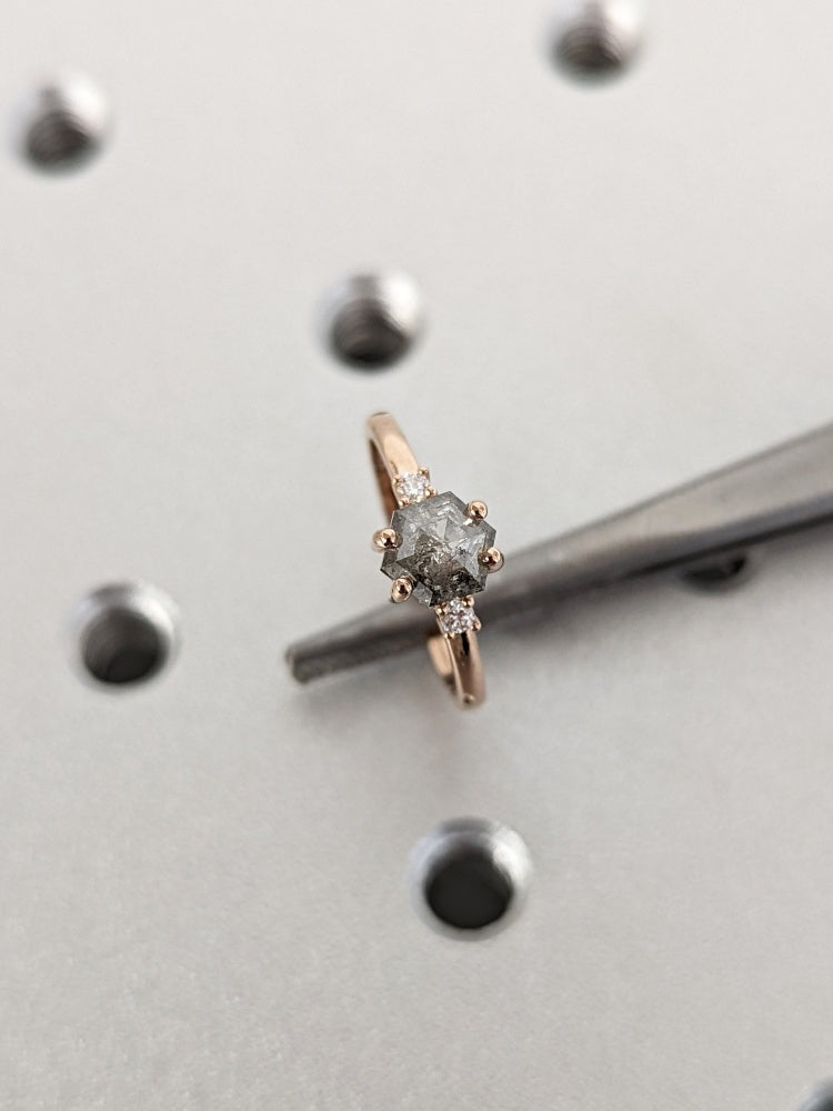 18k Gold Raw Salt and Pepper Diamond Hexagon-Cut Unique Engagement Ring Set