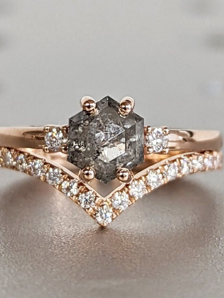 18k Gold Raw Salt and Pepper Diamond Hexagon-Cut Unique Engagement Ring Set