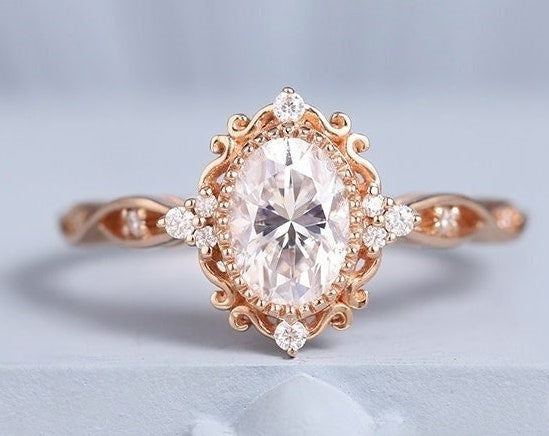 18k Gold Lab Grown Diamond CVD 2CT Oval-Cut Art Deco Filigree Wedding Ring