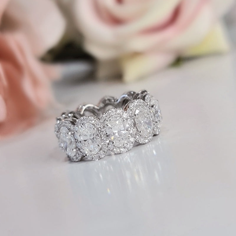 10K Gold Lab Grown Diamond CVD 7.7CT Oval-Cut Halo Eternity Wedding Band