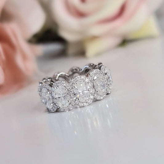10K Gold Lab Grown Diamond CVD 7.7CT Oval-Cut Halo Eternity Wedding Band