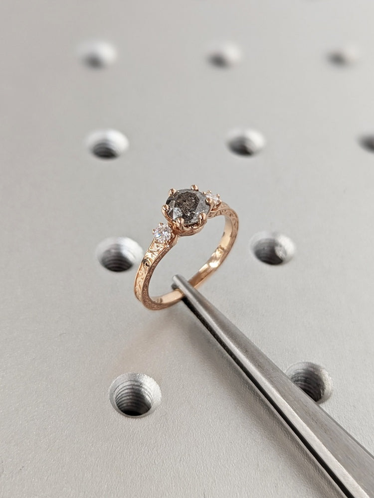 18k Gold Raw Salt and Pepper Diamond 1CT Round-Cut Three Stone Vintage Ring