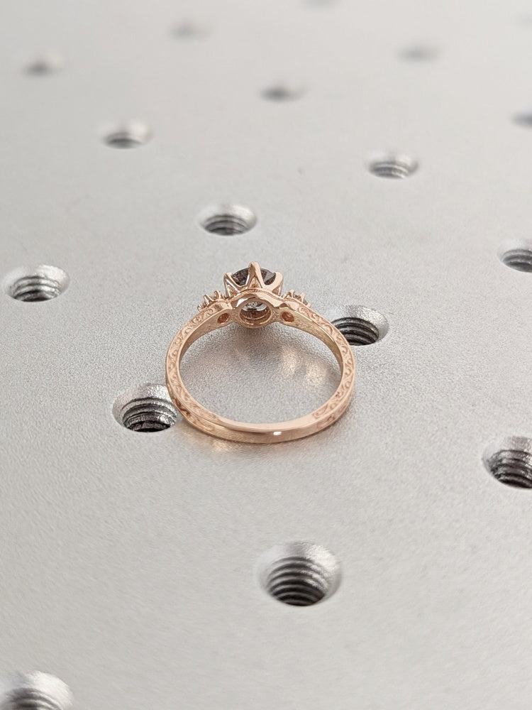 18k Gold Raw Salt and Pepper Diamond 1CT Round-Cut Three Stone Vintage Ring