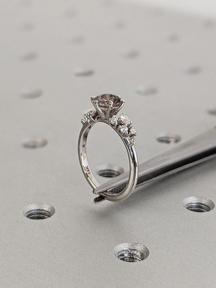 18k Gold Raw Salt and Pepper Diamond 0.5CT Round-Cut 6 Prong Vintage Brown Diamonds Engagement Ring