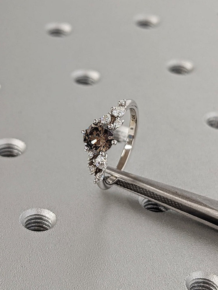 18k Gold Raw Salt and Pepper Diamond 0.5CT Round-Cut 6 Prong Vintage Brown Diamonds Engagement Ring