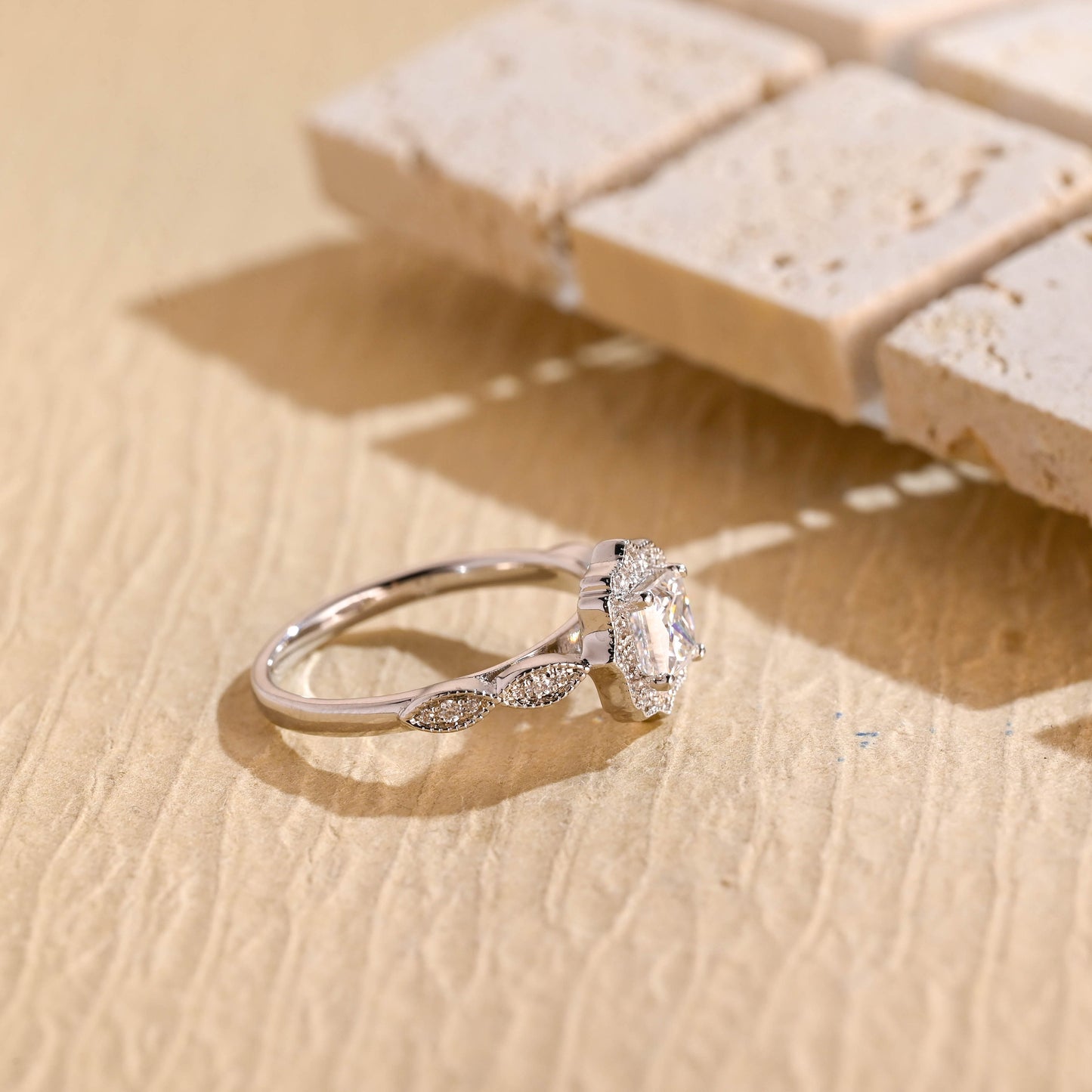 10K Gold Lab Grown Diamond CVD 1CT Princess-Cut Halo Antique Filigree Milgrain Proposal Ring