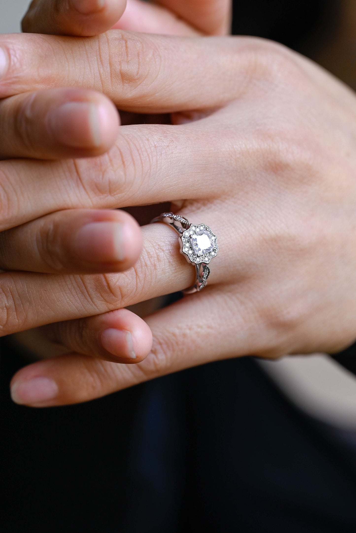 10K Gold Lab Grown Diamond CVD 1CT Princess-Cut Halo Antique Filigree Milgrain Proposal Ring