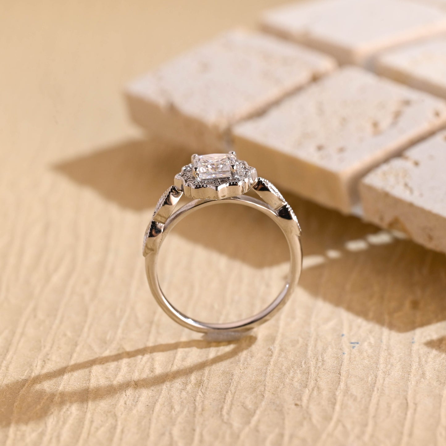 10K Gold Lab Grown Diamond CVD 1CT Princess-Cut Halo Antique Filigree Milgrain Proposal Ring