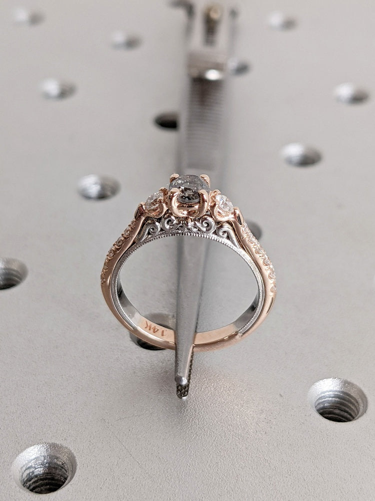 18k Gold Raw Salt and Pepper Diamond 1CT Round-Cut Two Tone Rose, White Gold Half Eternity Women Wedding Ring
