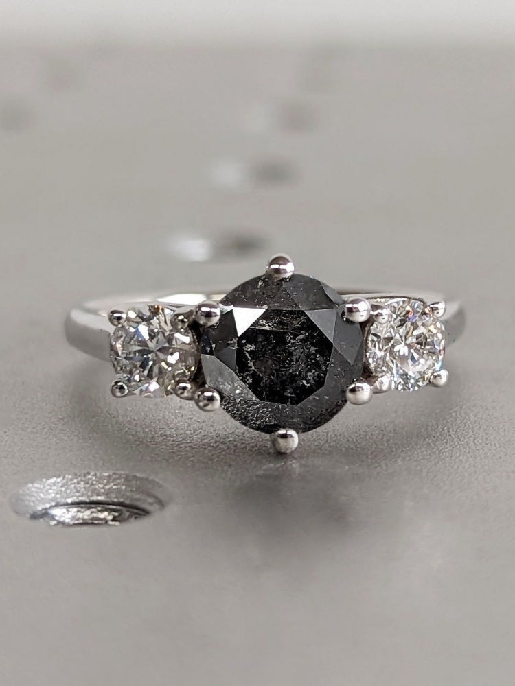 18k Gold Raw Salt and Pepper Diamond 1CT Round-Cut Women Engagement Ring
