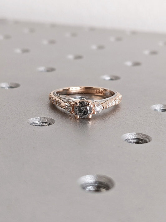 18k Gold Raw Salt and Pepper Diamond 1CT Round-Cut Two Tone Rose, White Gold Half Eternity Women Wedding Ring