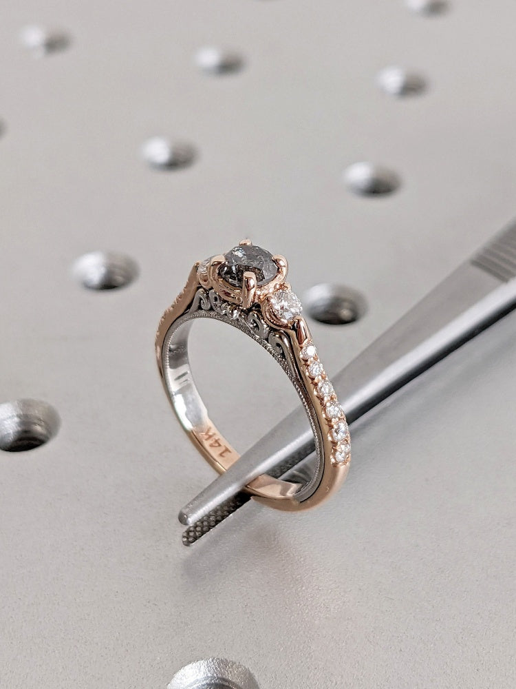 18k Gold Raw Salt and Pepper Diamond 1CT Round-Cut Two Tone Rose, White Gold Half Eternity Women Wedding Ring