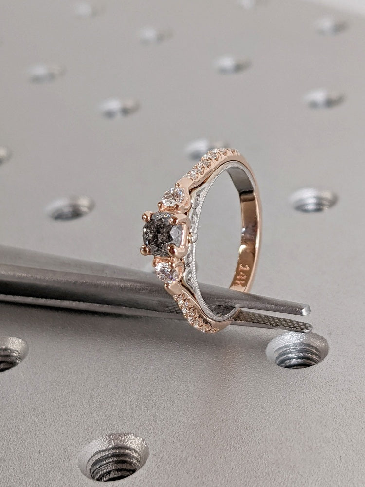 18k Gold Raw Salt and Pepper Diamond 1CT Round-Cut Two Tone Rose, White Gold Half Eternity Women Wedding Ring