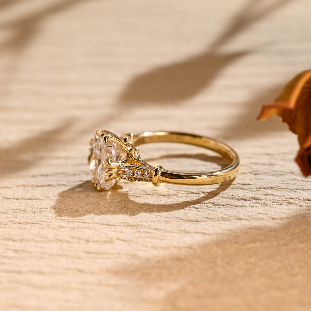 18k Gold Lab Grown Diamond CVD 2CT Cushion Filigree Milgrain Vintage Proposal Ring