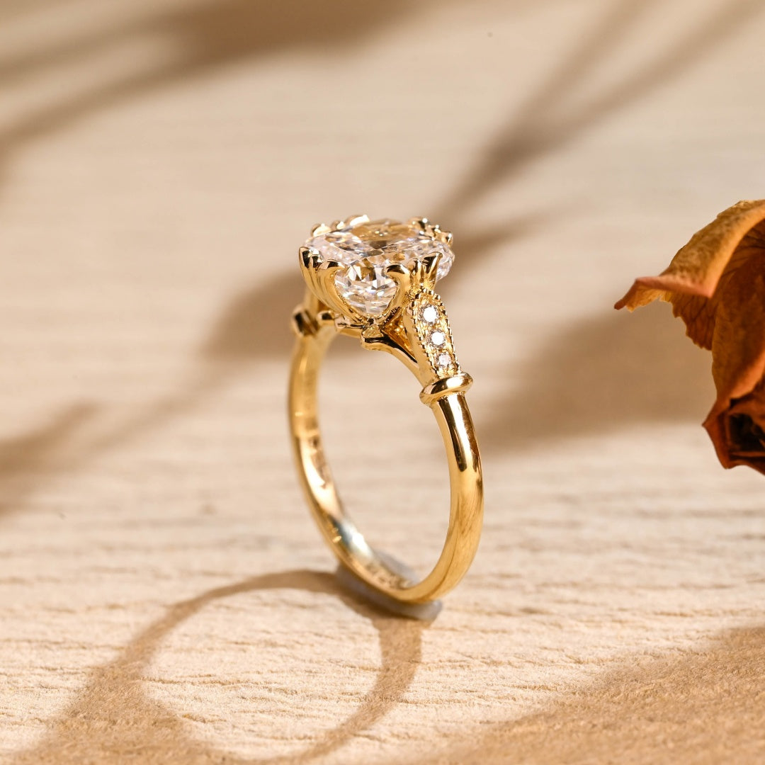 18k Gold Lab Grown Diamond CVD 2CT Cushion Filigree Milgrain Vintage Proposal Ring