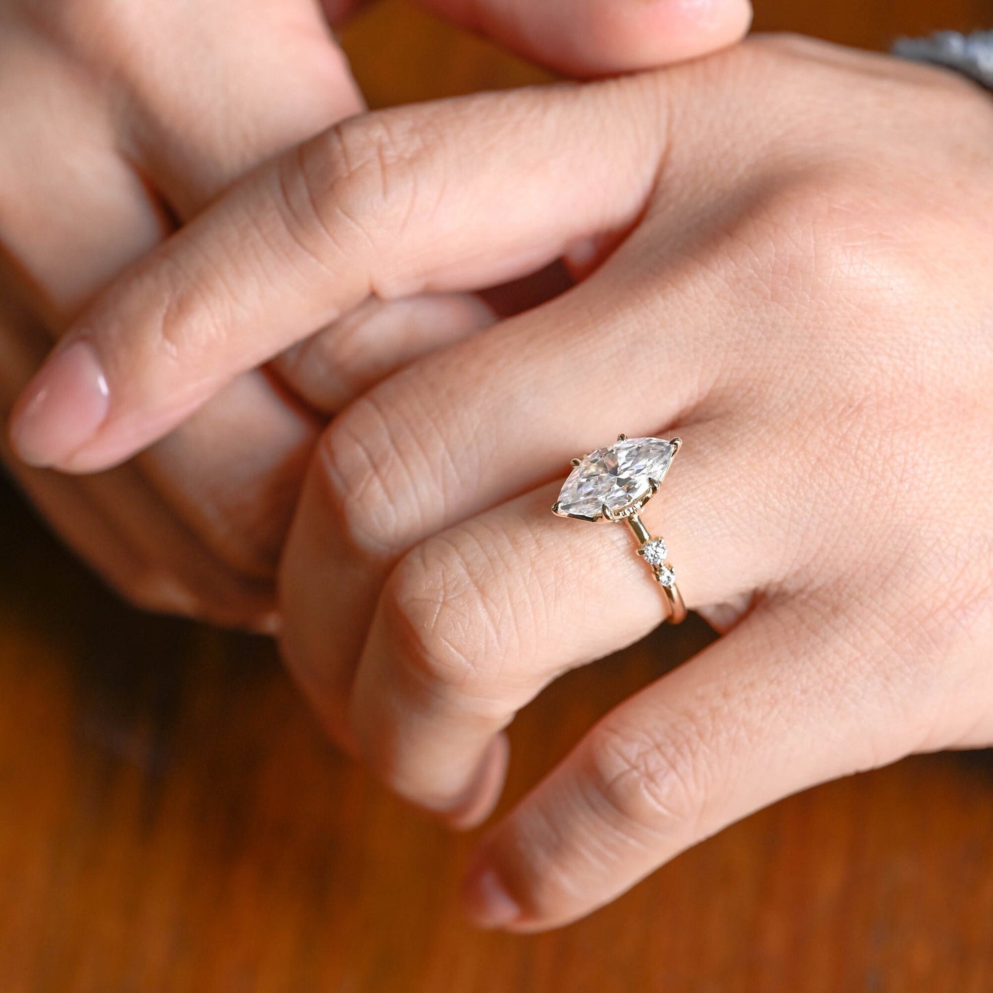 18k Gold Lab Grown Diamond CVD 2CT Marquise-Cut Hidden Halo Proposal Ring